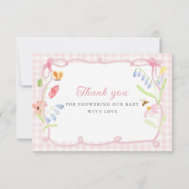 Lente Bloem Roze Gingham Baby Shower Bedankkaart