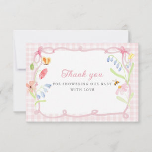 Lente Bloem Roze Gingham Baby Shower Bedankkaart