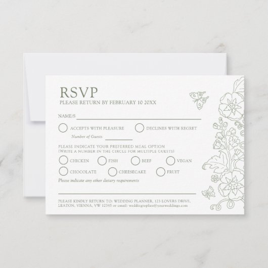 Lente bloem vlinders kunst bruiloft groene maaltij RSVP kaartje (Achterkant)