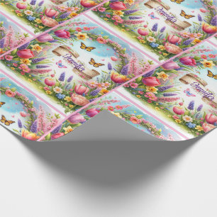 Lente Bloemen Banner met Naam Gelukkige Verjaardag Cadeaupapier