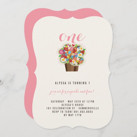 Lente Bloemen Cupcake 1e Verjaardagsfeest Uitnodig Kaart (Voorkant / Achterkant)