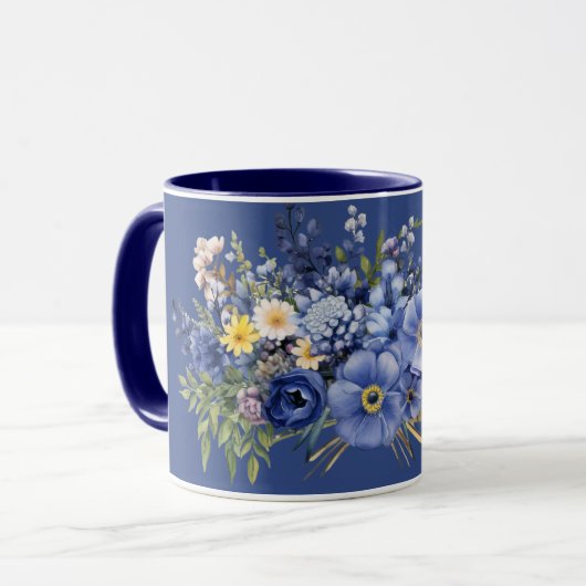Lente bloemen, donkerblauwe achtergrond, mok (Voorkant links)