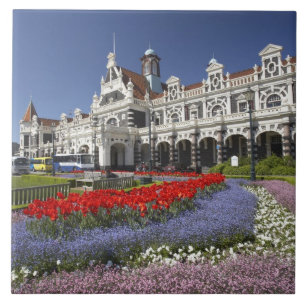 Lente bloemen en historisch treinstation, tegeltje