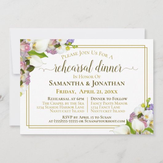 Lente Bloemen Goud Bruiloft Repetitie & Diner Kaart (Voorkant)