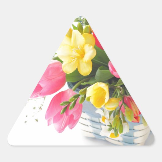 Lente bloemen in mand driehoek sticker (Voorkant)