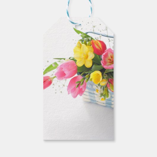 Lente bloemen in mand driehoek sticker cadeaulabel (Achterkant)