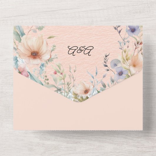 Lente bloemen in perzik blauw en roze all in one uitnodiging (Achterkant)