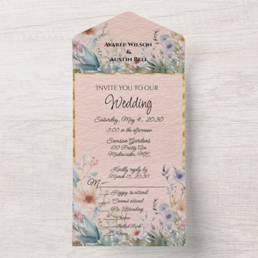 Lente bloemen in perzik blauw en roze all in one uitnodiging (Binnen)