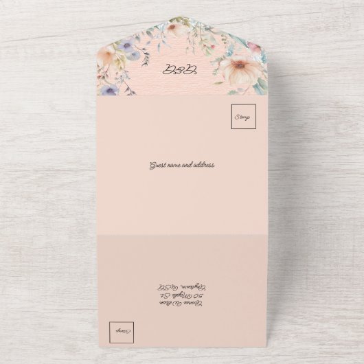 Lente bloemen in perzik blauw en roze all in one uitnodiging (Buitenkant)