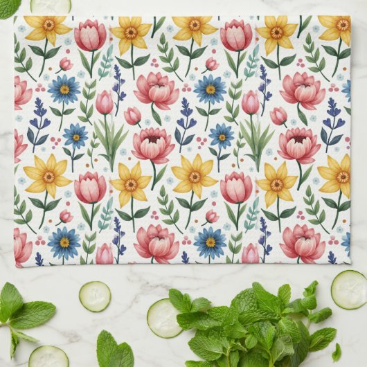 Lente bloemen in roze blauw en geel theedoek (Gevouwen)