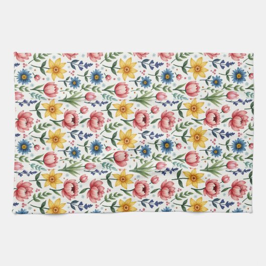 Lente bloemen in roze blauw en geel theedoek (Horizontaal)