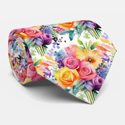 Lente Bloemen Kleurrijke Regenboog Waterverf Bloem Stropdas (Opgerold)