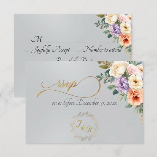 Lente Bloemen & Krans - Zilver RSVP Kaartje (Voorkant / Achterkant)
