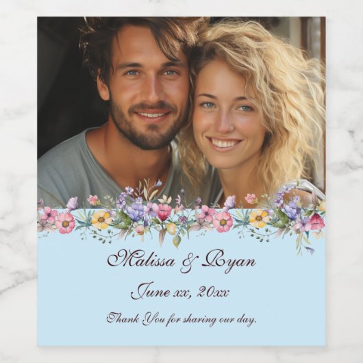Lente Bloemen Lichtblauw Aangepaste Foto Wijn Etiket (Enkel label)