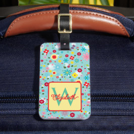 Lente Bloemen op Aqua Blauwe Monogram Bagagelabel