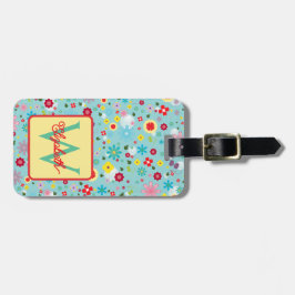 Lente Bloemen op Aqua Blauwe Monogram Bagagelabel