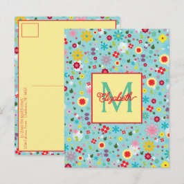 Lente Bloemen op Aqua Blauwe Monogram Briefkaart