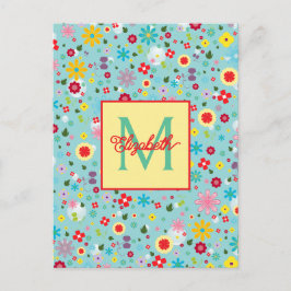 Lente Bloemen op Aqua Blauwe Monogram Briefkaart
