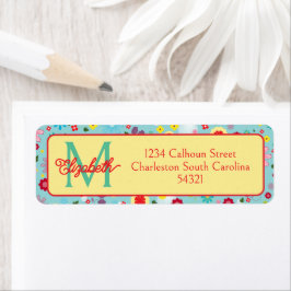Lente Bloemen op Aqua Blauwe Monogram Etiket