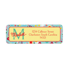 Lente Bloemen op Aqua Blauwe Monogram Etiket
