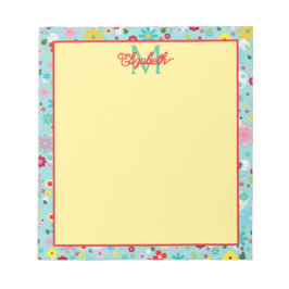 Lente Bloemen op Aqua Blauwe Monogram Notitieblok