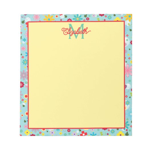 Lente Bloemen op Aqua Blauwe Monogram Notitieblok (Voorkant)