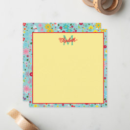 Lente Bloemen op Aqua Blauwe Monogram Notitiekaartje
