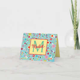 Lente Bloemen op Aqua Blauwe Monogram Notitiekaartje