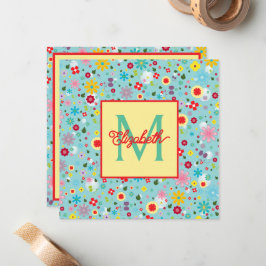 Lente Bloemen op Aqua Blauwe Monogram Notitiekaartje
