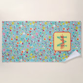 Lente Bloemen op Aqua Blauwe Monogram Strandlaken (Voorkant)