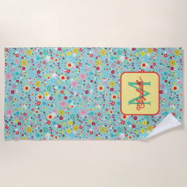 Lente Bloemen op Aqua Blauwe Monogram Strandlaken