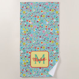 Lente Bloemen op Aqua Blauwe Monogram Strandlaken