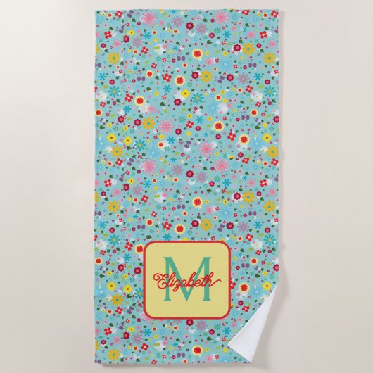 Lente Bloemen op Aqua Blauwe Monogram Strandlaken (Voorkant)