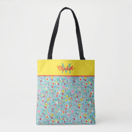 Lente Bloemen op Aqua Blauwe Monogram Tote Bag