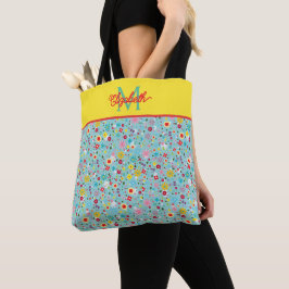 Lente Bloemen op Aqua Blauwe Monogram Tote Bag
