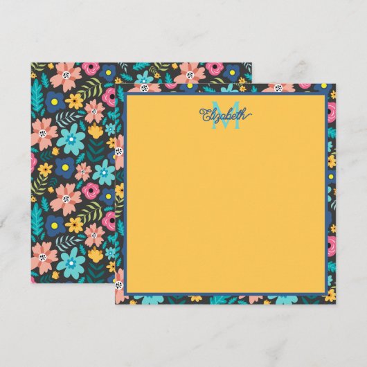 Lente Bloemen op zwart Monogram Notitiekaartje (Voorkant / Achterkant)