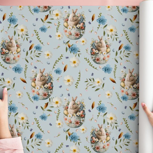 Lente Bloemen Paashaas Viering Blauw Cadeaupapier