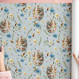 Lente Bloemen Paashaas Viering Blauw Cadeaupapier