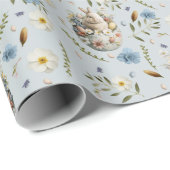 Lente Bloemen Paashaas Viering Blauw Cadeaupapier (Rol Hoek)