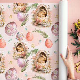 Lente Bloemen Paashaas Viering Roze Cadeaupapier