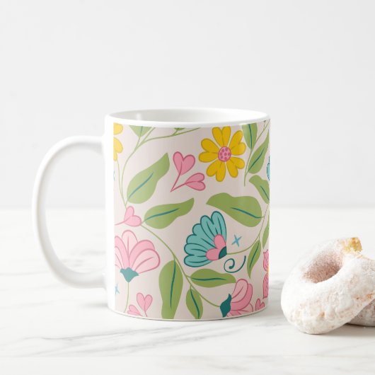 Lente Bloemen Patroon op Roze Koffiemok (Met donut)