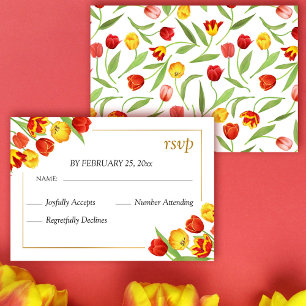 Lente Bloemen Rood & Geel Tulpen Wit Huwelijk RSVP Kaartje