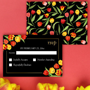 Lente Bloemen Rood & Geel Tulpen Zwart Huwelijk RSVP Kaartje