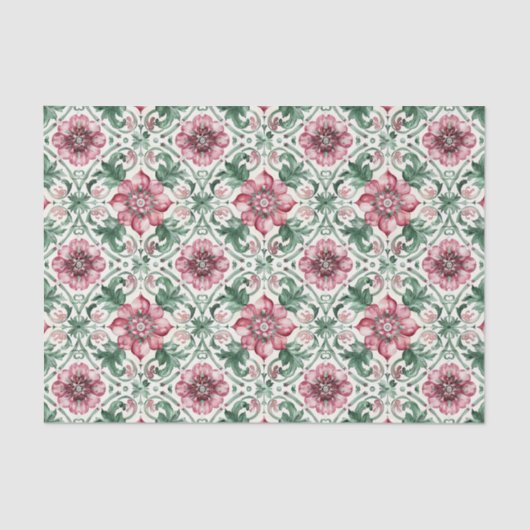 Lente Bloemen Rood Groen Tegel Patroon Decoupage Tissuepapier (Voorkant)