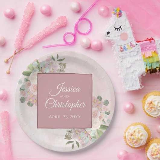 Lente Bloemen Stoffig Roos Boho Waterverf Bruiloft Papieren Bordje (Feest)