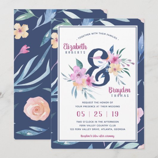 Lente Bloemen Uitnodiging voor het Huwelijk, Boho (Voorkant / Achterkant)