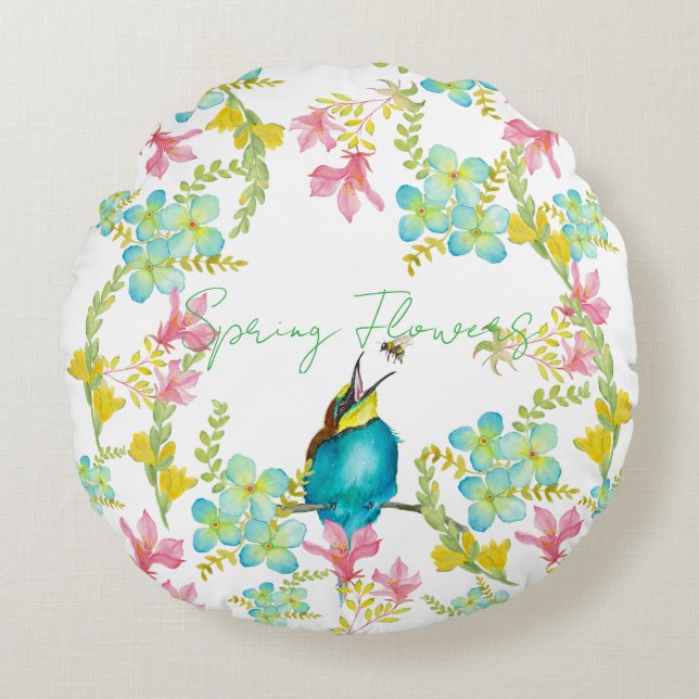 Lente bloemen waterverf  rond kussen (Voorkant)
