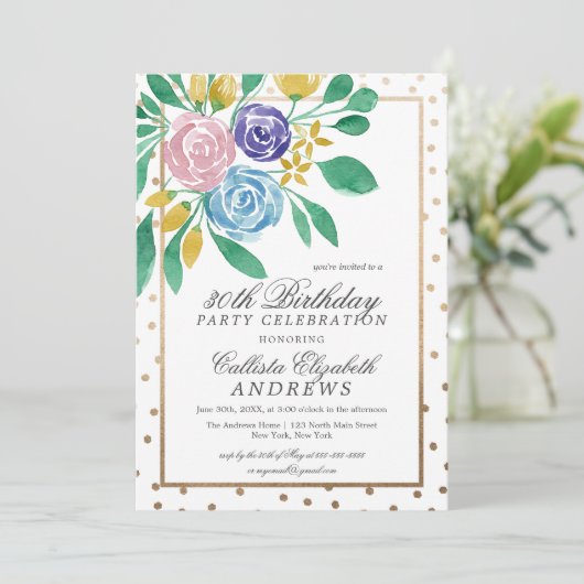 Lente Bloemengoud Confetti Waterverf Verjaardag Kaart (Staand voorkant)