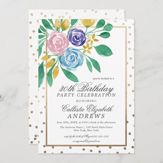 Lente Bloemengoud Confetti Waterverf Verjaardag Kaart (Voorkant / Achterkant)