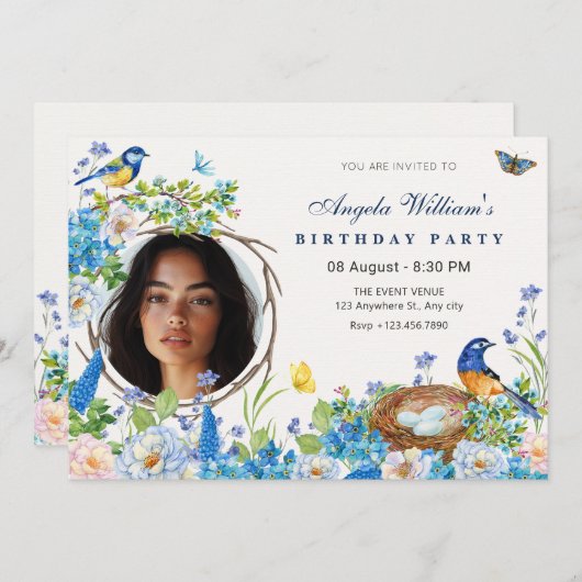 Lente bloementuin vogelfoto verjaardag kaart (Voorkant / Achterkant)